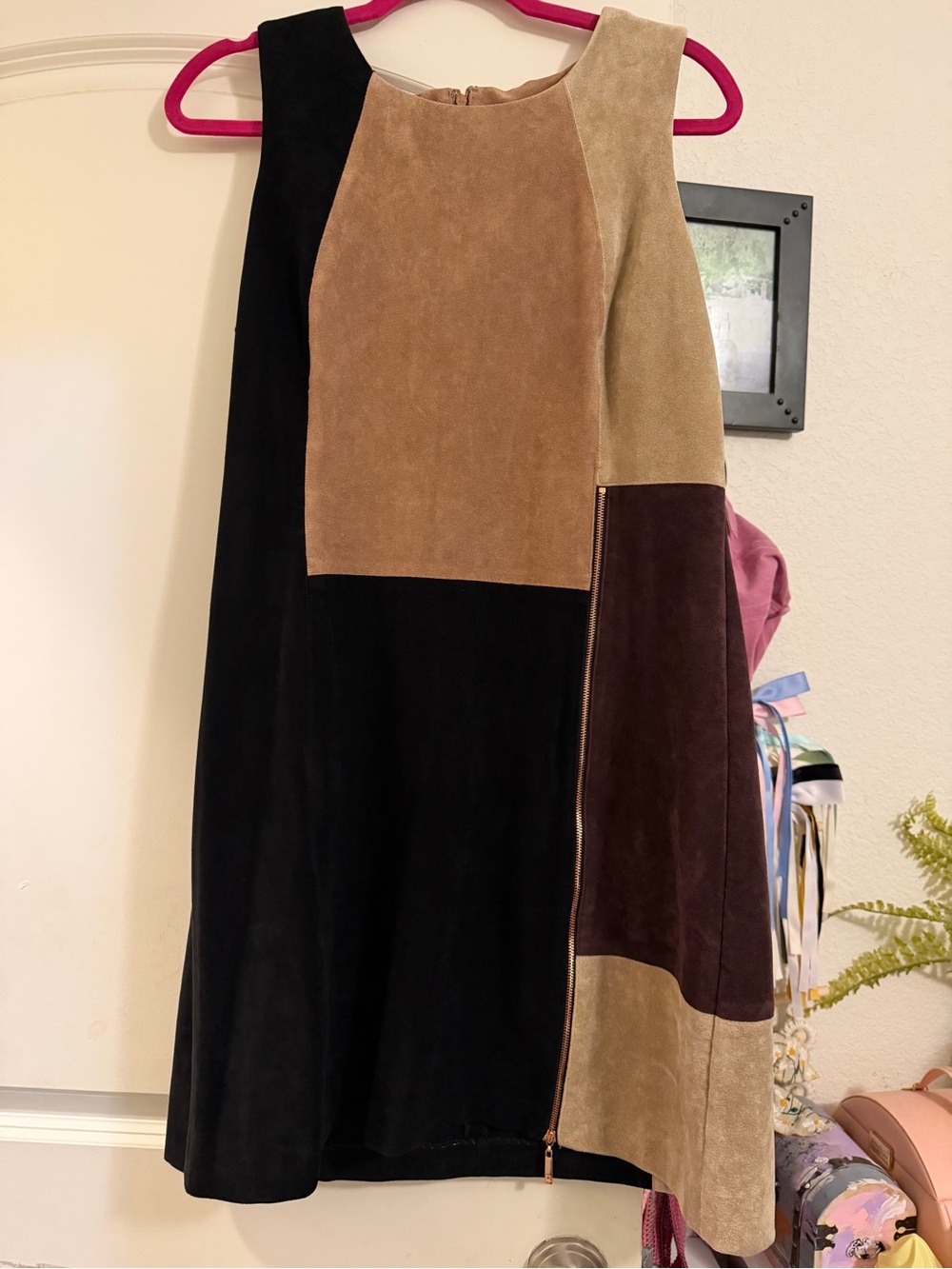 Colorblock Suede Like A-Line Dress in Black and Brown